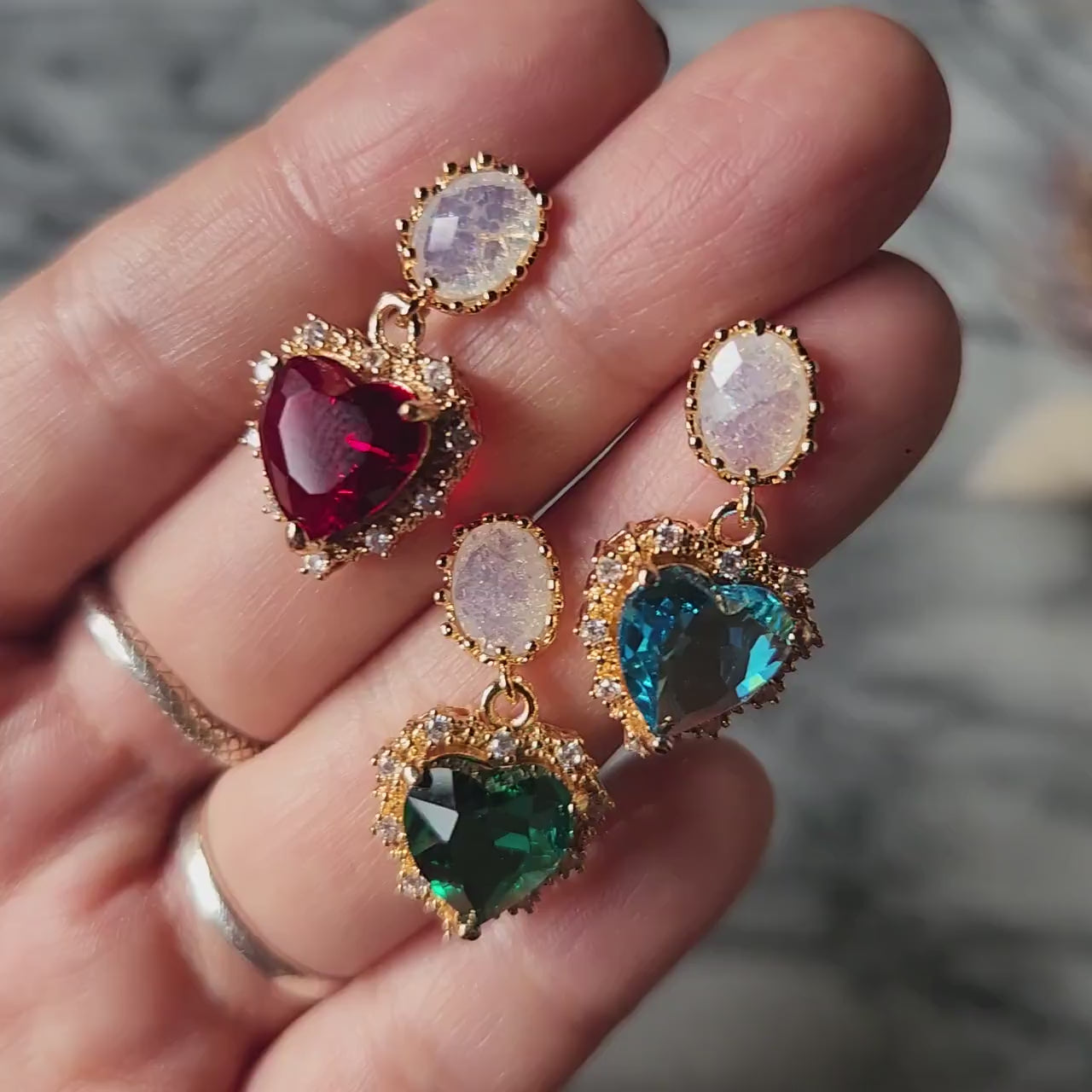 AMO Red/Blue/Green Heart Gold Earrings Studs/Huggies