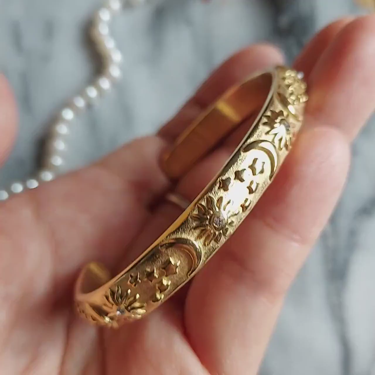 Celestial Engraved Chunk Bangle / Adjustable Bracelet / Moon Sun Star