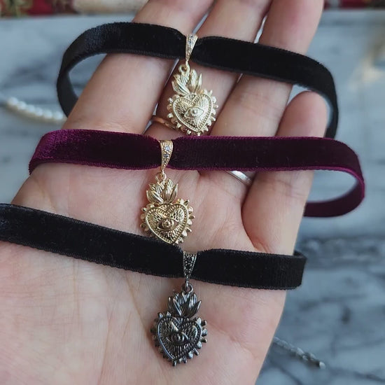 Sacred Heart with Evil Eye Pendant Velvet Choker /Black Velvet / Burgundy Velvet Choker
