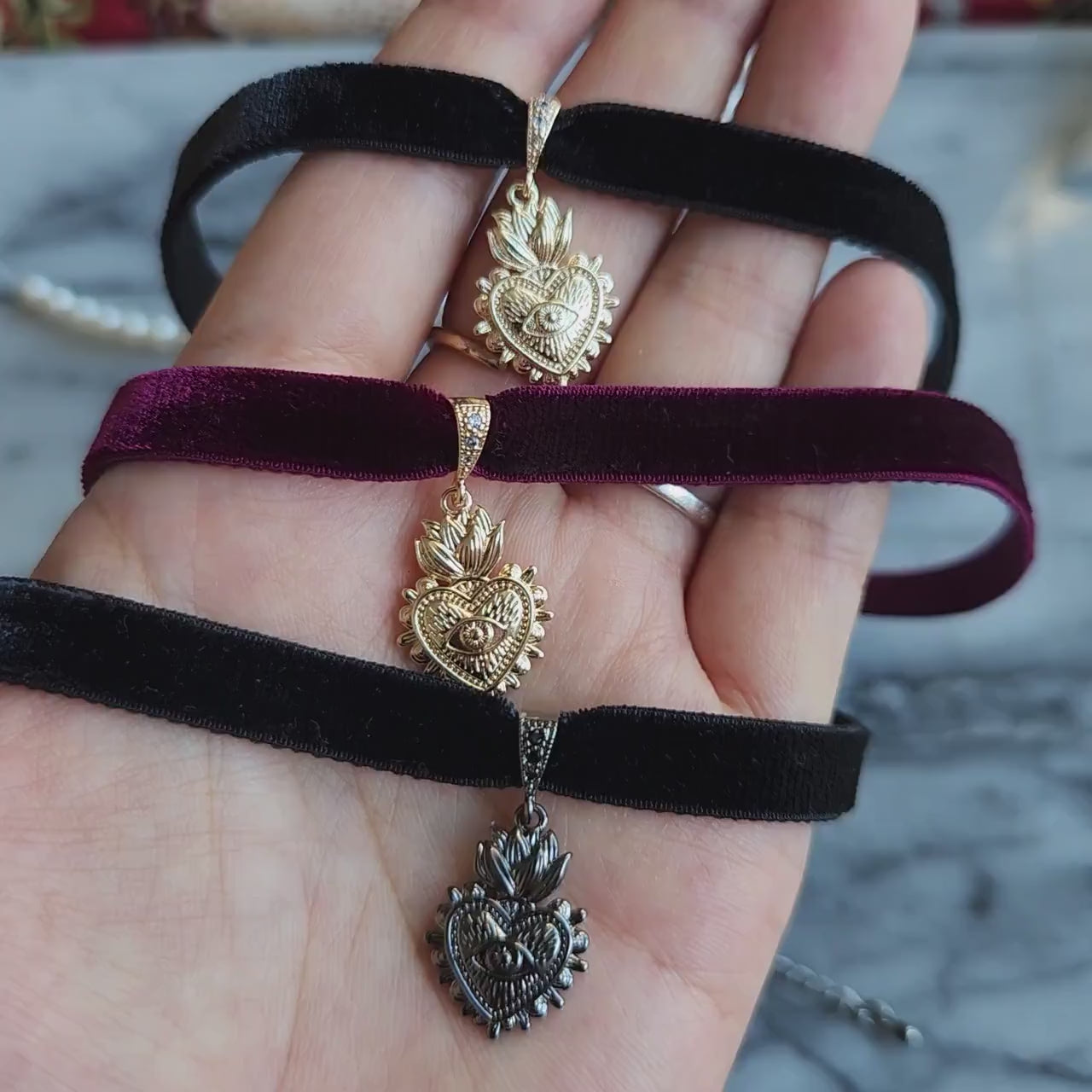 Sacred Heart with Evil Eye Pendant Velvet Choker /Black Velvet / Burgundy Velvet Choker