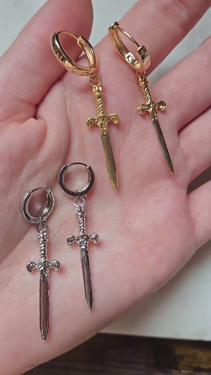 Gold/Silver/Gunmetal Antique Dagger SINGLE Huggie Hoop Earring / Tarot Sword Earring SINGLE