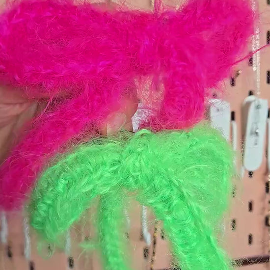 Neon Pink/Green Fluffy Mohair Crochet Bow Pin/KeyRing