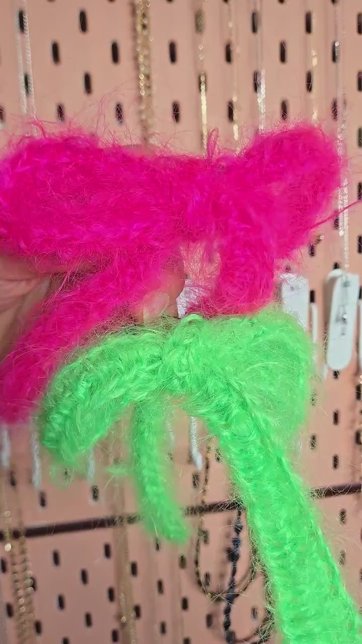 Neon Pink/Green Fluffy Mohair Crochet Bow Pin/KeyRing