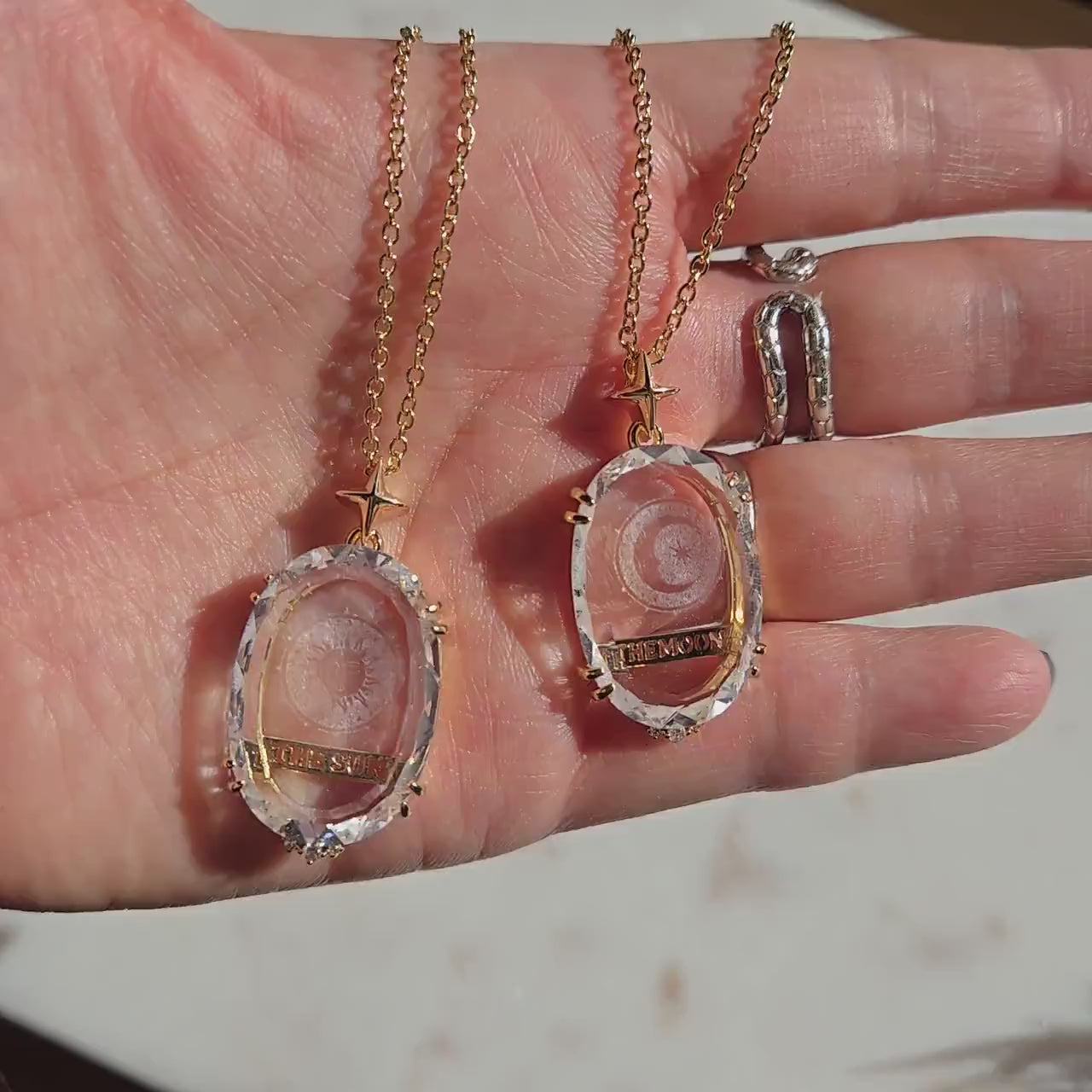 Tarot Crystal Necklace / The Sun / The moon Glass Oval Pendant  Necklace