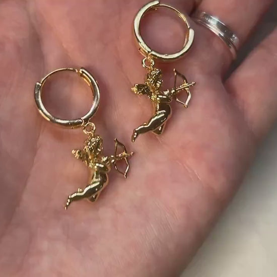 CUPID 18k Gold Plated Cherub Angel Chunky Huggies/ Hoop Earrings