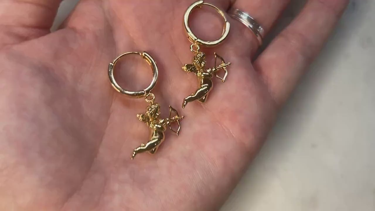 CUPID 18k Gold Plated Cherub Angel Chunky Huggies/ Hoop Earrings
