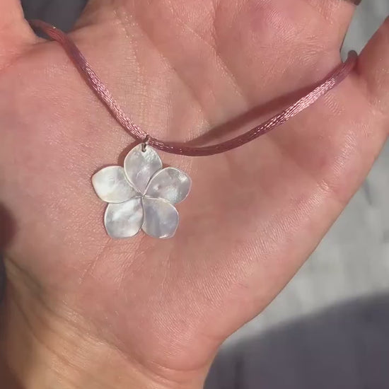 Pearl Hibiscus Pendant Nylon Sateen Cord Necklace