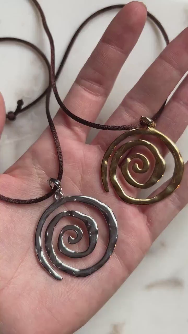 Swirl Pendant Gold/Silver Boho Sateen Cord Necklace