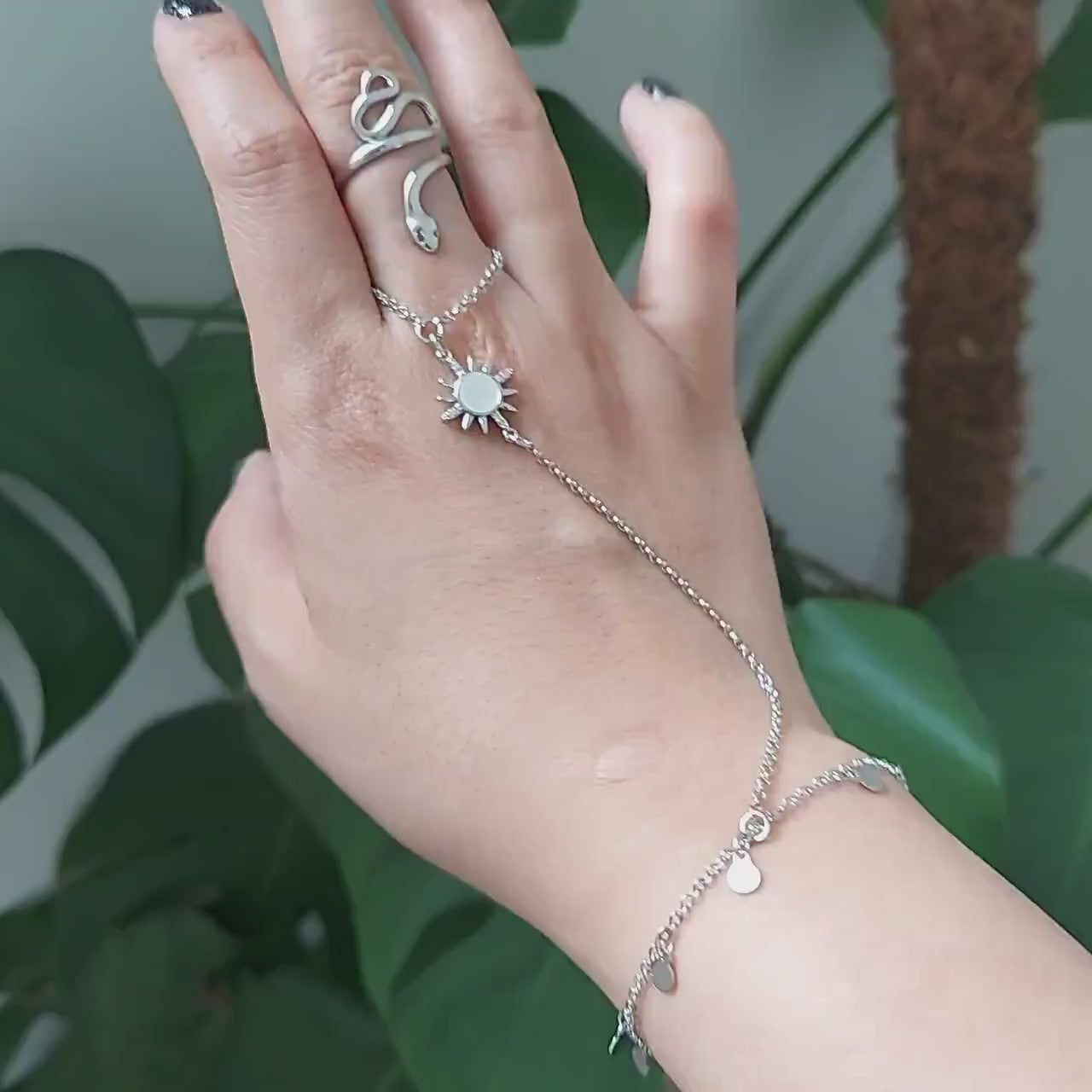 AURORA Hand Chain / Bracelet to Ring Chain / Gold or Silver Hand Chain / Sun Mother Of Pearl Bracelet
