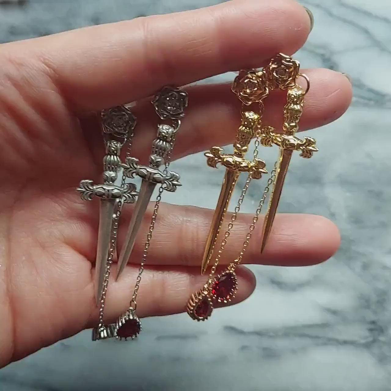 ROMEO Gold / Silver Rose, Dagger and Blood Drop Earrings