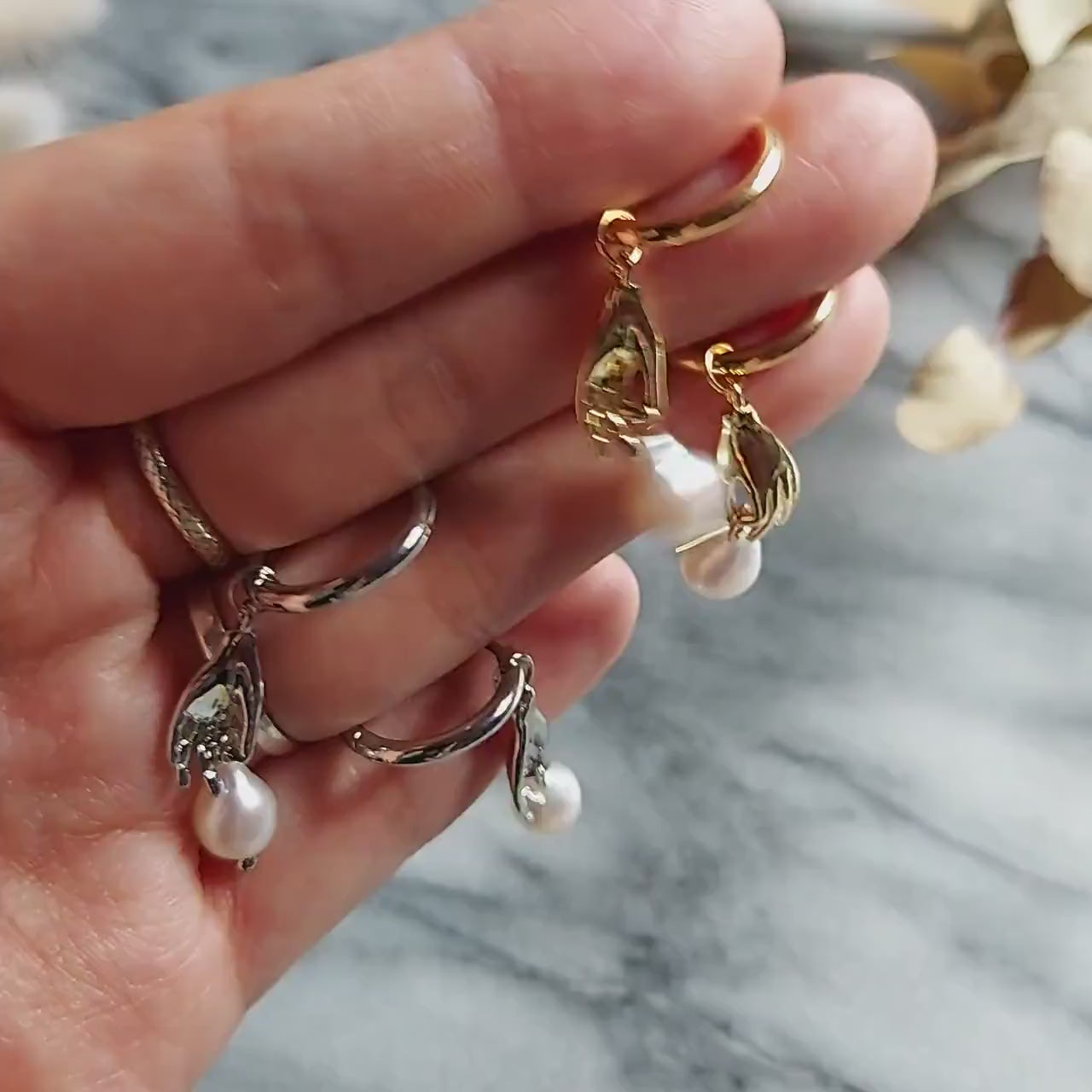 HAND-PICKED Teardrop Baroque Pearl and hand Hoop Earrings / Freshwater Pearl Unique Hoop Earrings