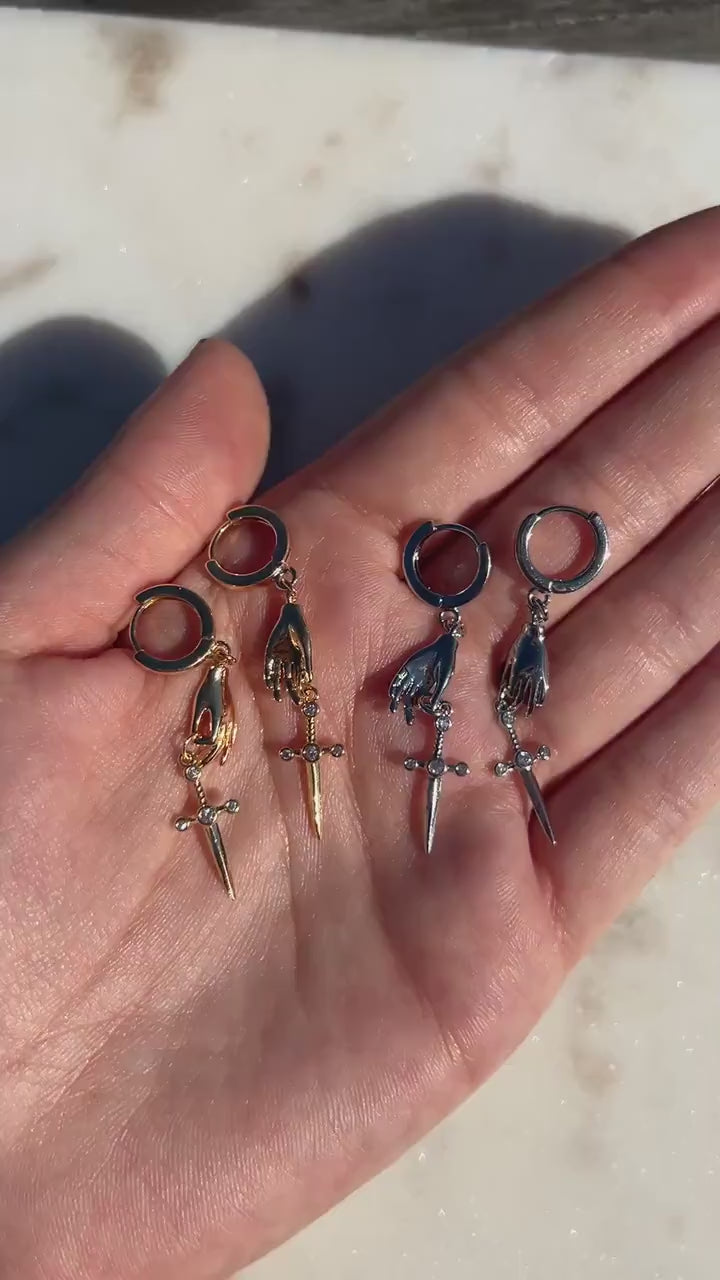 STILETTO Dainty Gold/Silver Hand Holding Dagger Huggie Hoop Earrings