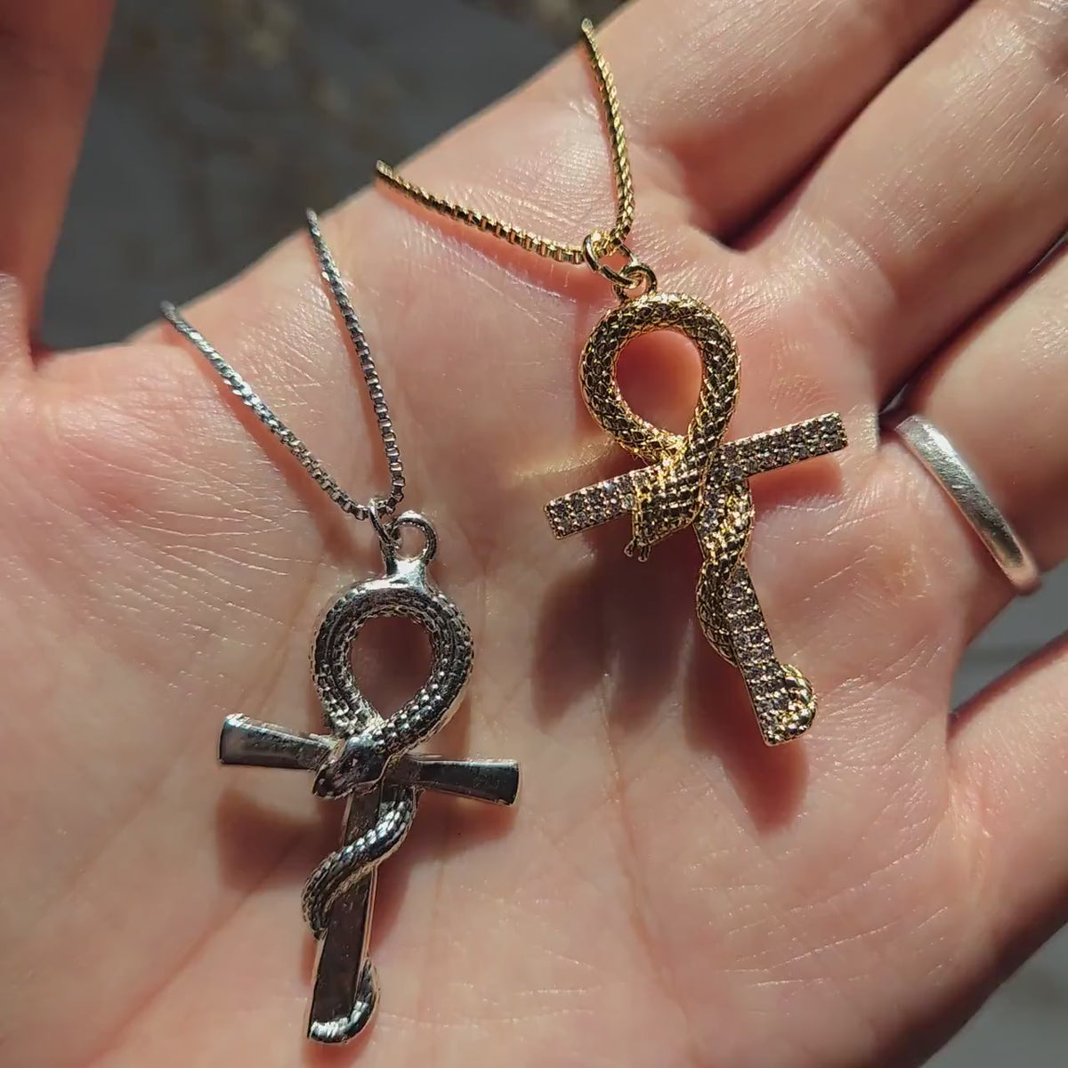 Gold/Silver Snake Ankh Pendant Necklace
