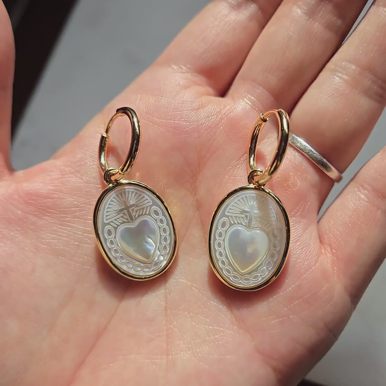 Gold Sacred Heart Mother of Pearl Hoop Earrings