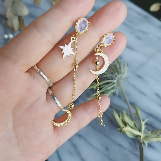 GEMINI Moon and Star Dangle Earrings / Celestial Earrings