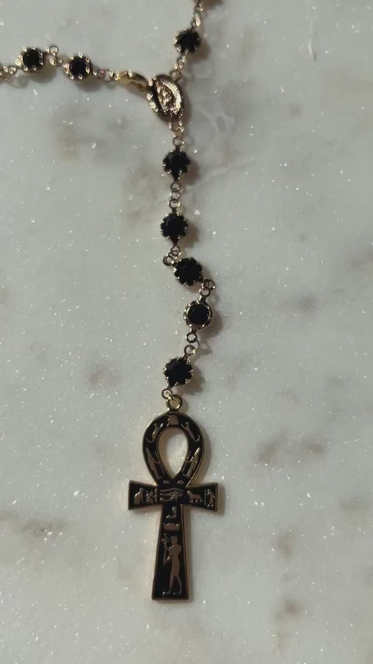 Gold and Black Crystal Ankh Rosary Necklace