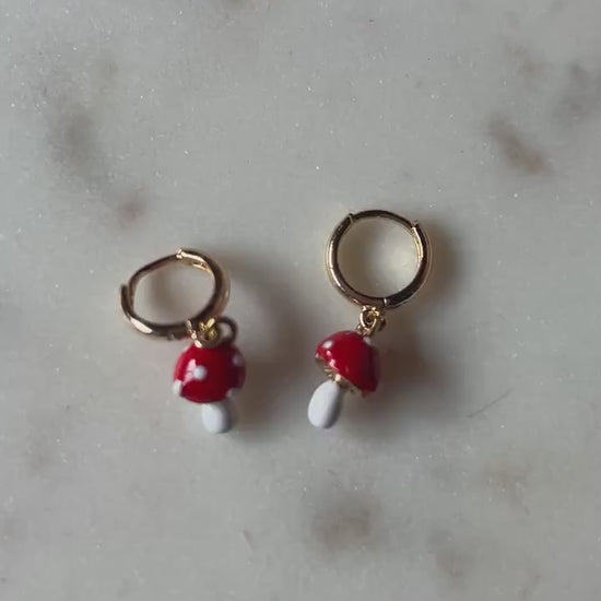 Dainty Red Mushroom Huggies/ Fly Agaric Fungi Gold Hoop Earrings