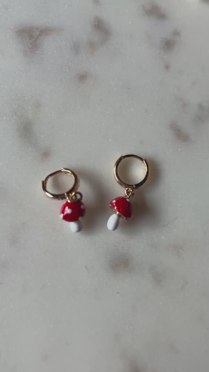 Dainty Red Mushroom Huggies/ Fly Agaric Fungi Gold Hoop Earrings