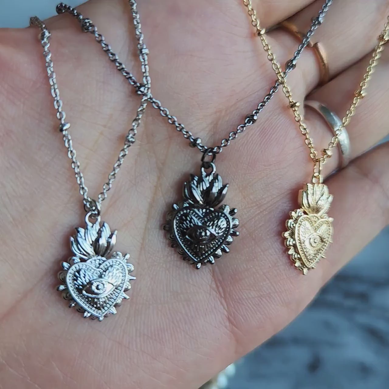 Sacred Heart Evil Eye 18k Gold / Silver / Black Metal Plated Necklace
