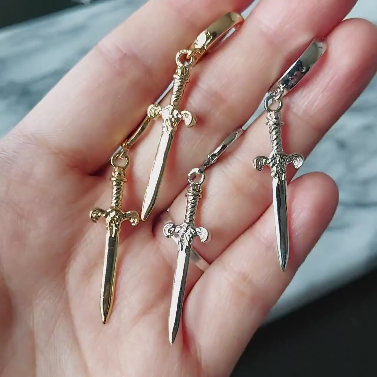 Gold/Silver Antique Dagger SINGLE Huggie Hoop Earring / Tarot Sword Earring SINGLE