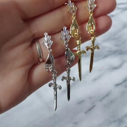 Gold/Silver Queen of Swords Tarot Earrings / Dagger Earrings / Tarot hand earrings