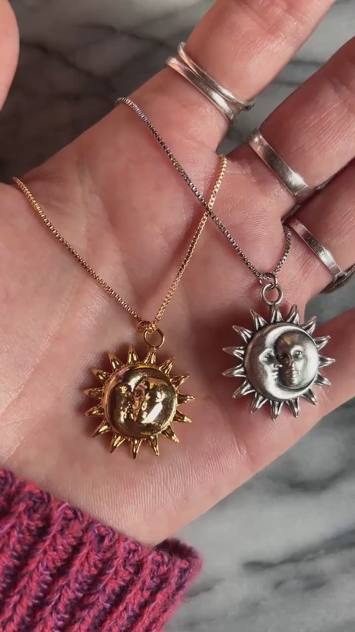 ATEN Sun and Moon Face Pendant Gold/SIlver Necklace