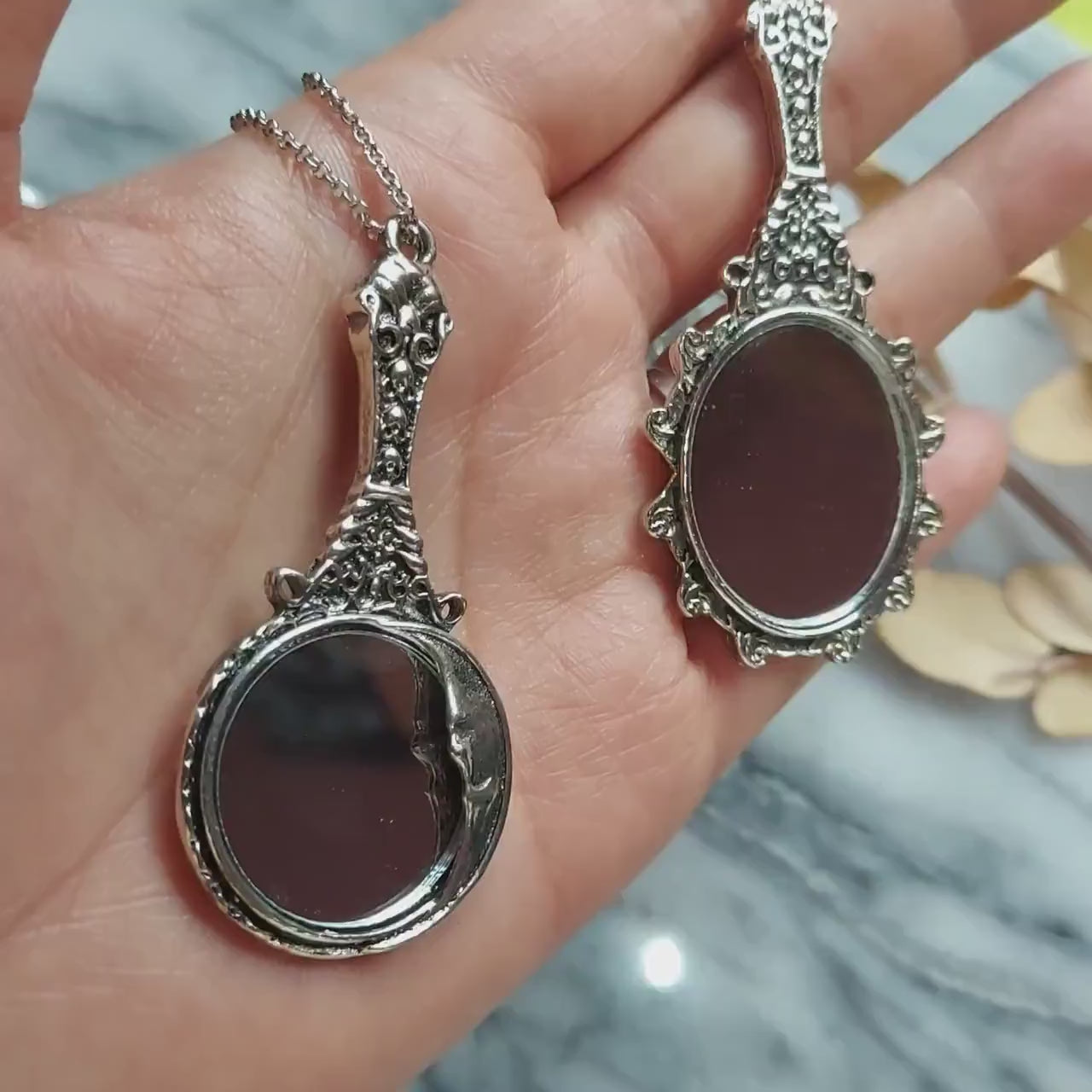 Antique Silver Mirror Necklace / Moon Mirror Necklace