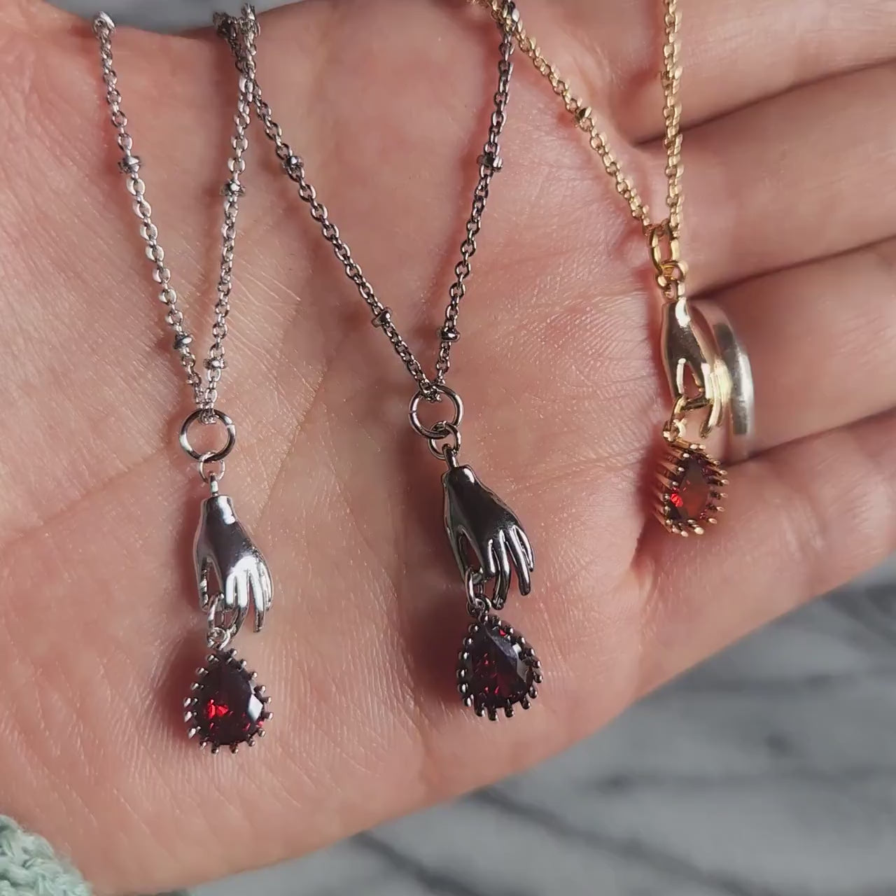SCARLET Gold/Silver/Gunmetal Dainty Hand and Red Gem Necklace / Hand and Blood Drop Necklace