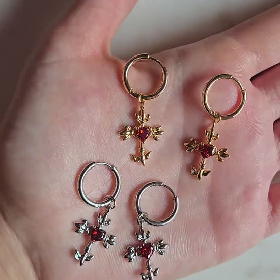 Sacred Heart Cross Red Gem Huggies/ Hoop Earrings