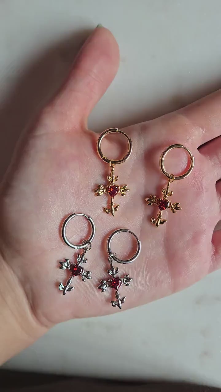 Sacred Heart Cross Red Gem Huggies/ Hoop Earrings