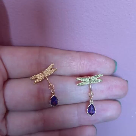 Dragonfly with Purple Gems Stud Earrings/ Y2K Dragonfly Earrings