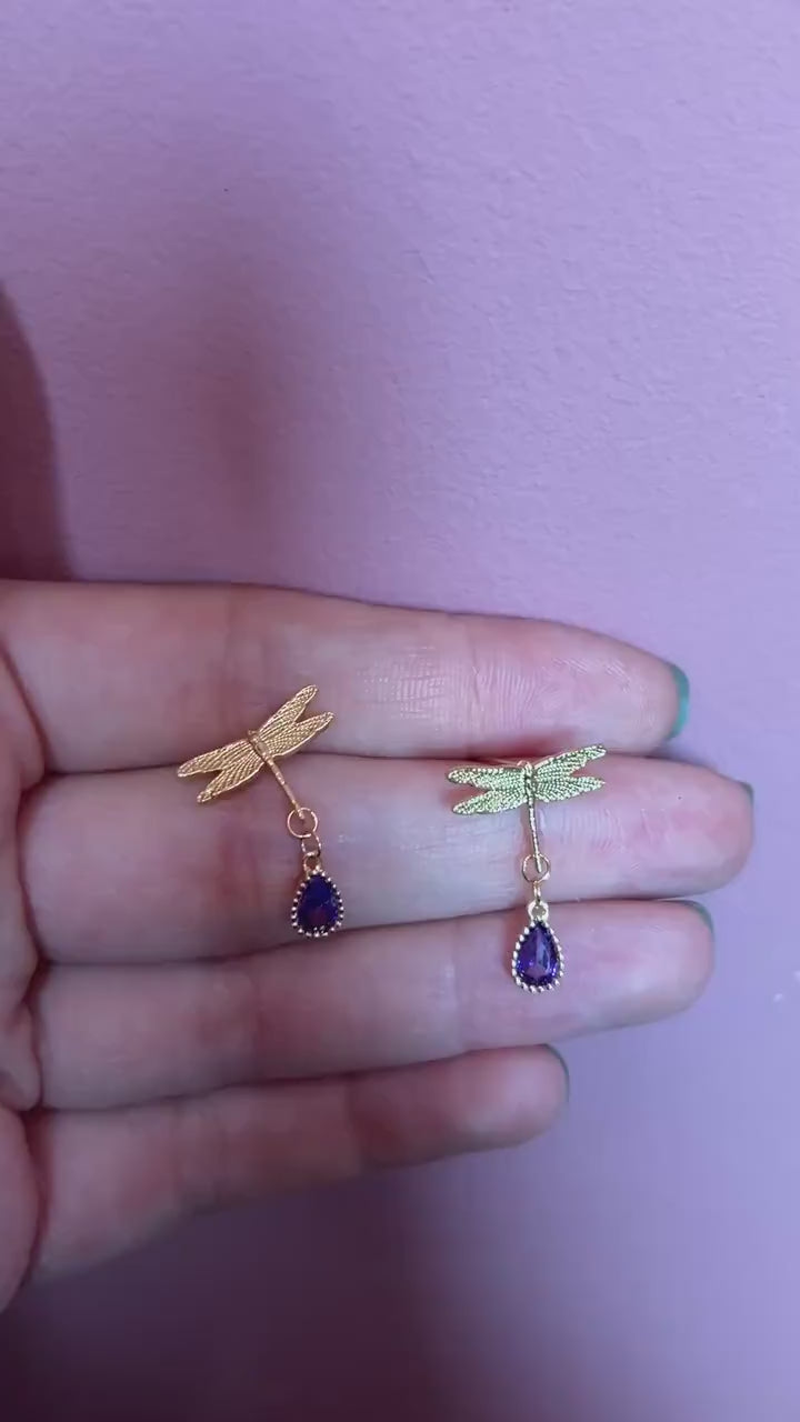 Dragonfly with Purple Gems Stud Earrings/ Y2K Dragonfly Earrings