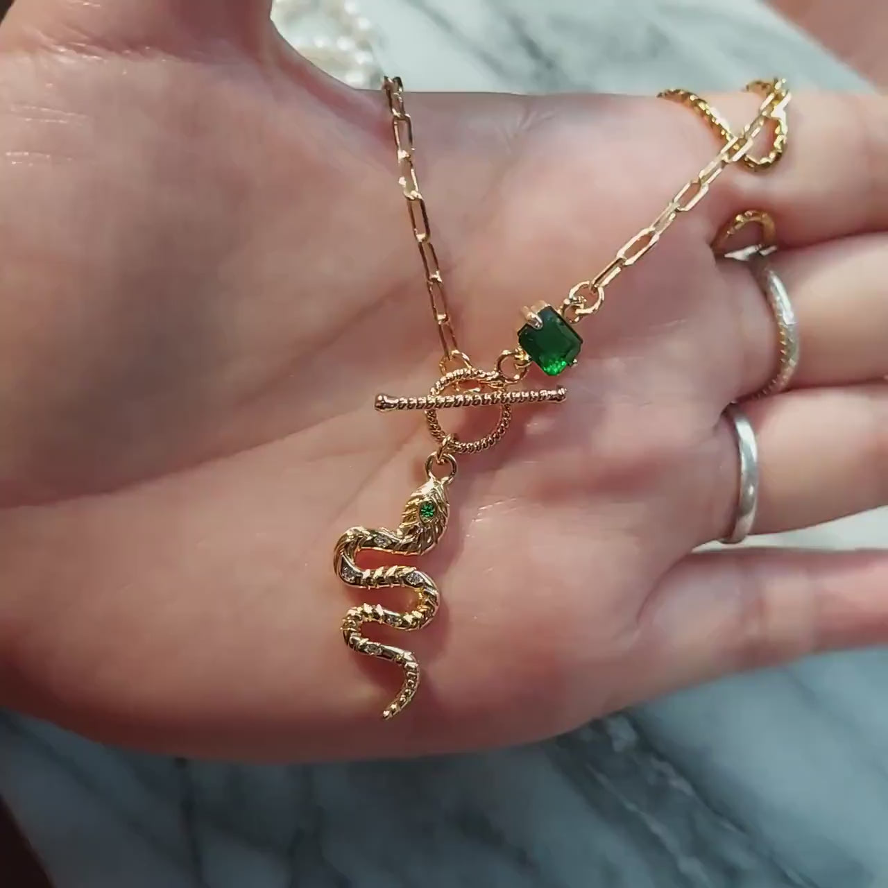 LOKI Green Snake Dainty Toggle Necklace