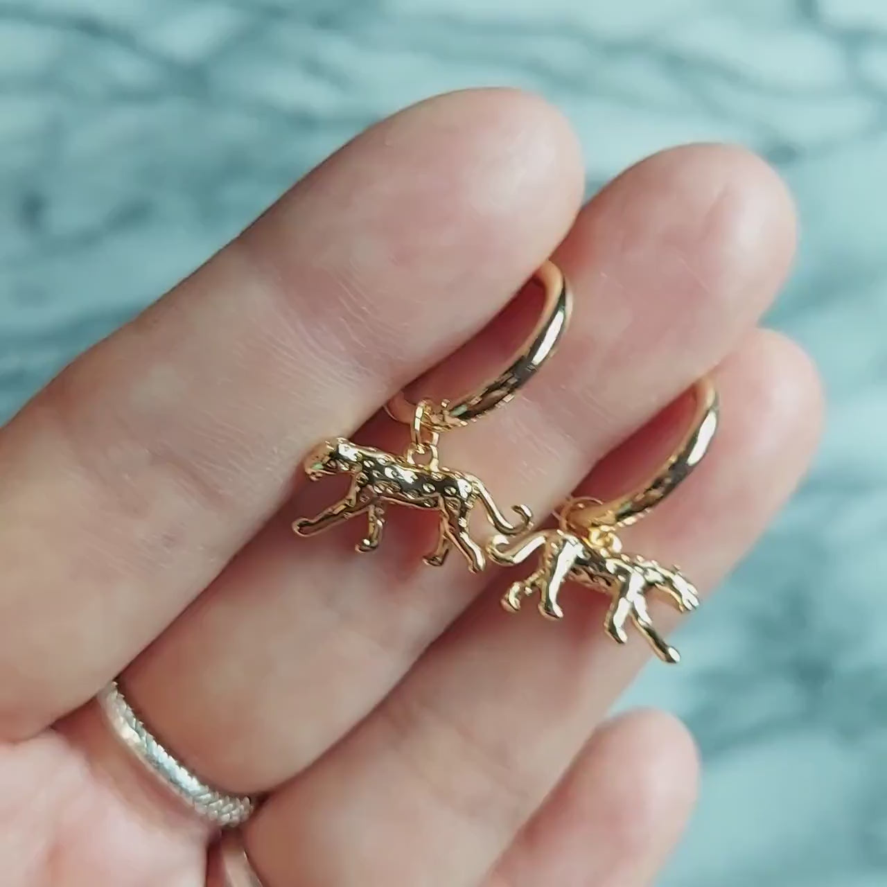 CHEETAH Gold Hoop / Huggie Earrings with Cheetah / Leopard Charm
