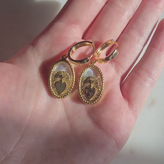 Gold Mother of Pearl Sacred Heart Hoop Earrings