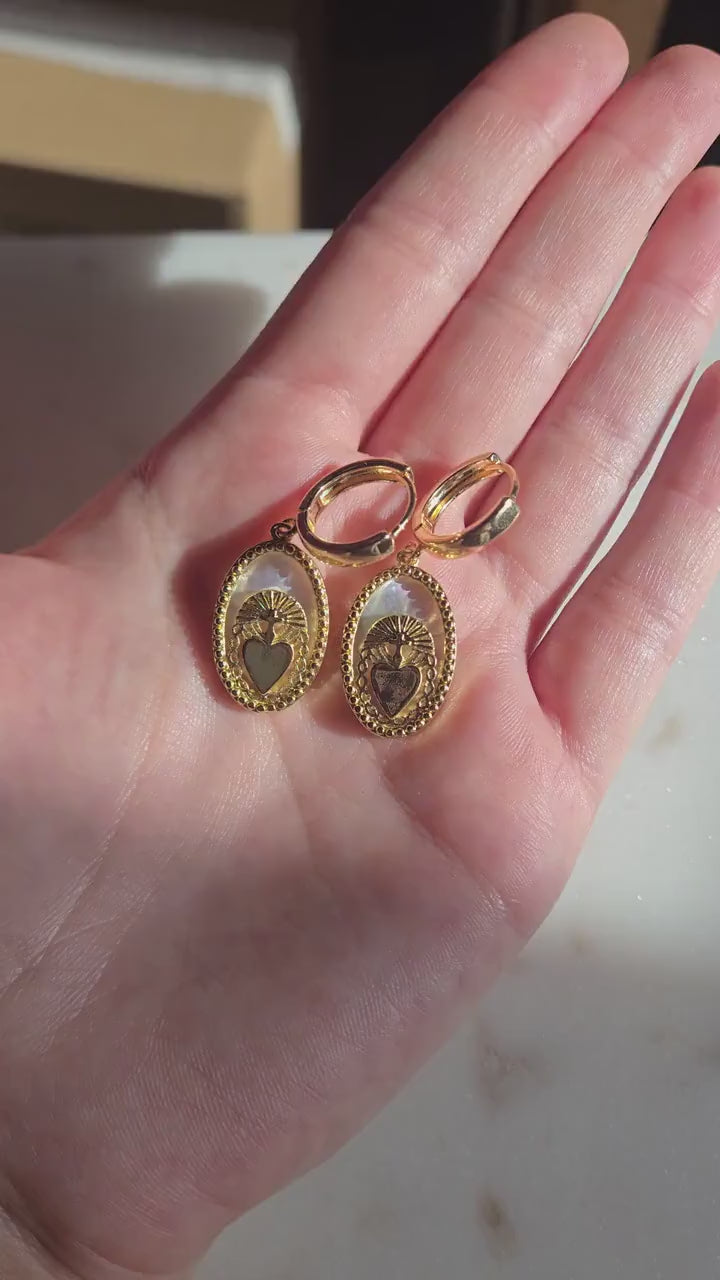 Gold Mother of Pearl Sacred Heart Hoop Earrings