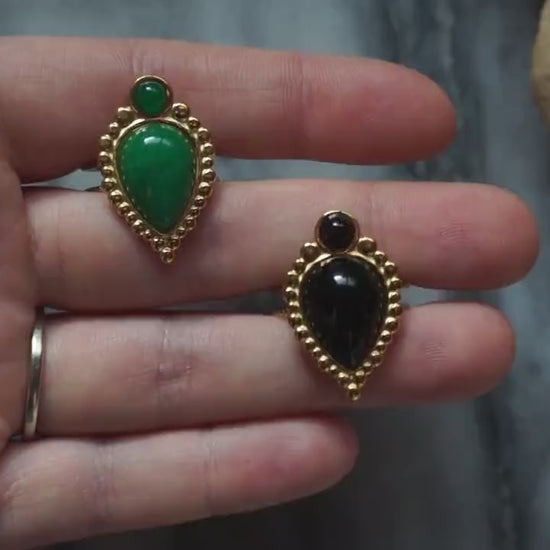 TAJ Gold Plated Green/Black Teardrop Gem Rings
