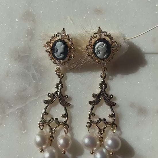 Beatrice Gold Victorian Cameo Filigree Genuine Pearl Earrings