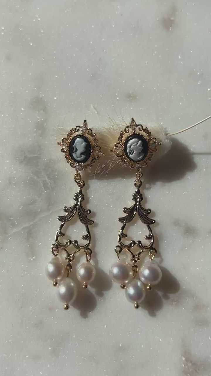 Beatrice Gold Victorian Cameo Filigree Genuine Pearl Earrings
