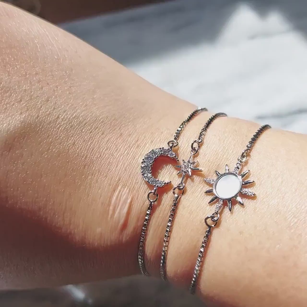 Silver Solstice Celestial bracelet set/ Moon/Sun/Star Adjustable Bracelet