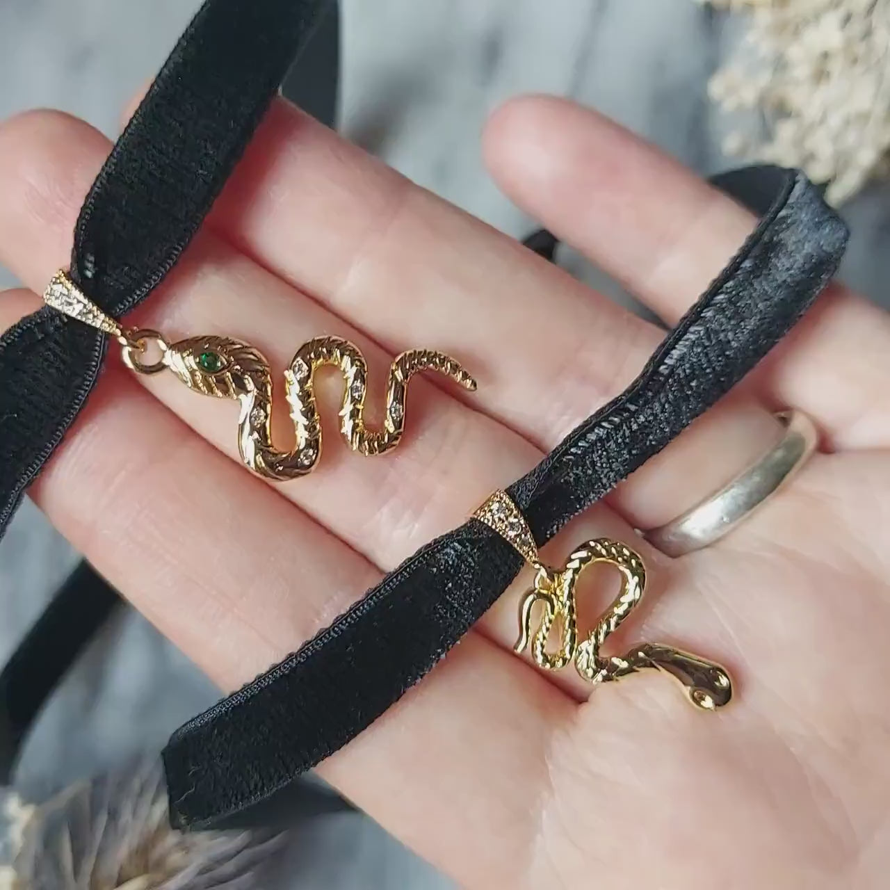 Gold Snake and Gem Black Stretch Velvet Choker