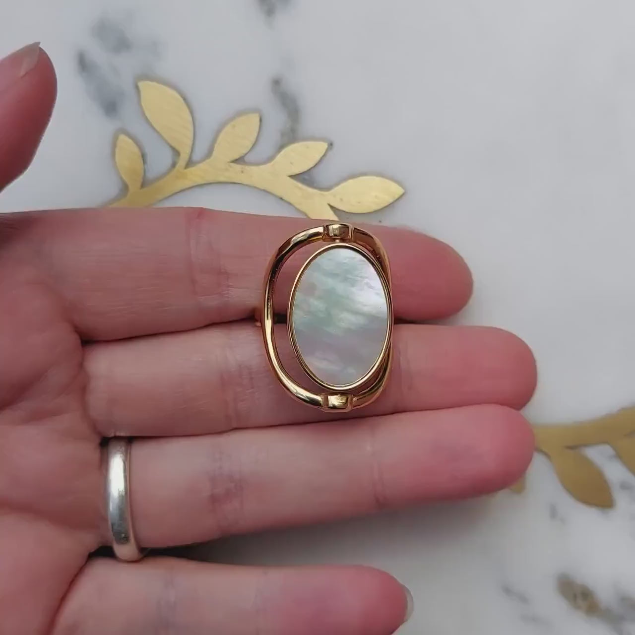 Mother of Pearl and Pink Stone 2-Way Spinning Adjustable Gold Ring