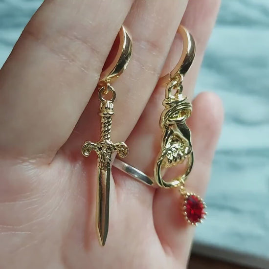 THE HAND Gold Sword and Teardrop Mismatched Huggie Earrings / Red Teardrop Earrings