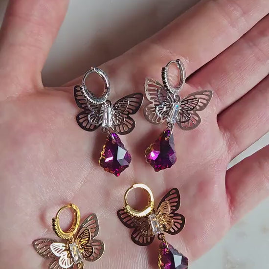 Cynthia Butterfly Magenta Crystal Huggies/ Hoop Earrings