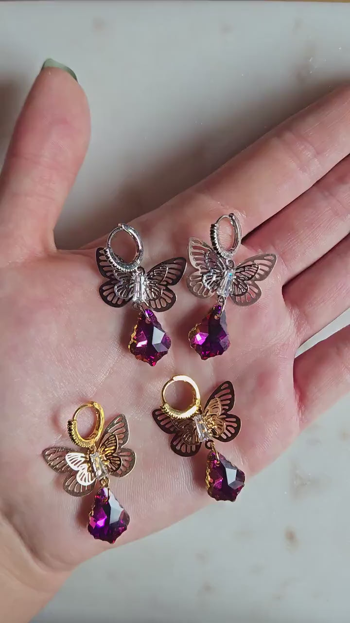 Cynthia Butterfly Magenta Crystal Huggies/ Hoop Earrings