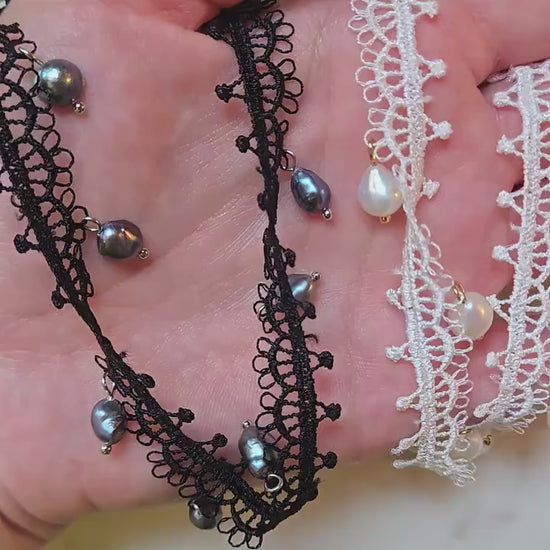 KATE White/Black Lace with Teardrop Freshwater Pearls/Peacock dyed freshwater pearls Choker Necklace