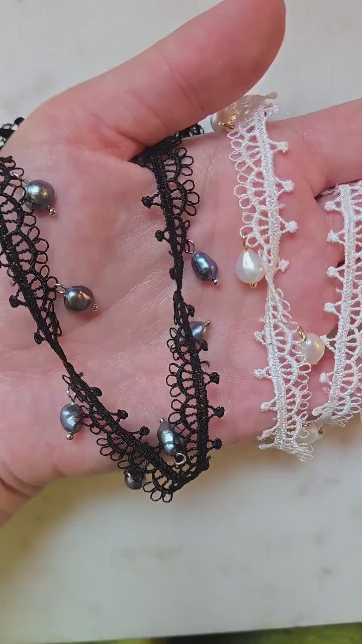 KATE White/Black Lace with Teardrop Freshwater Pearls/Peacock dyed freshwater pearls Choker Necklace