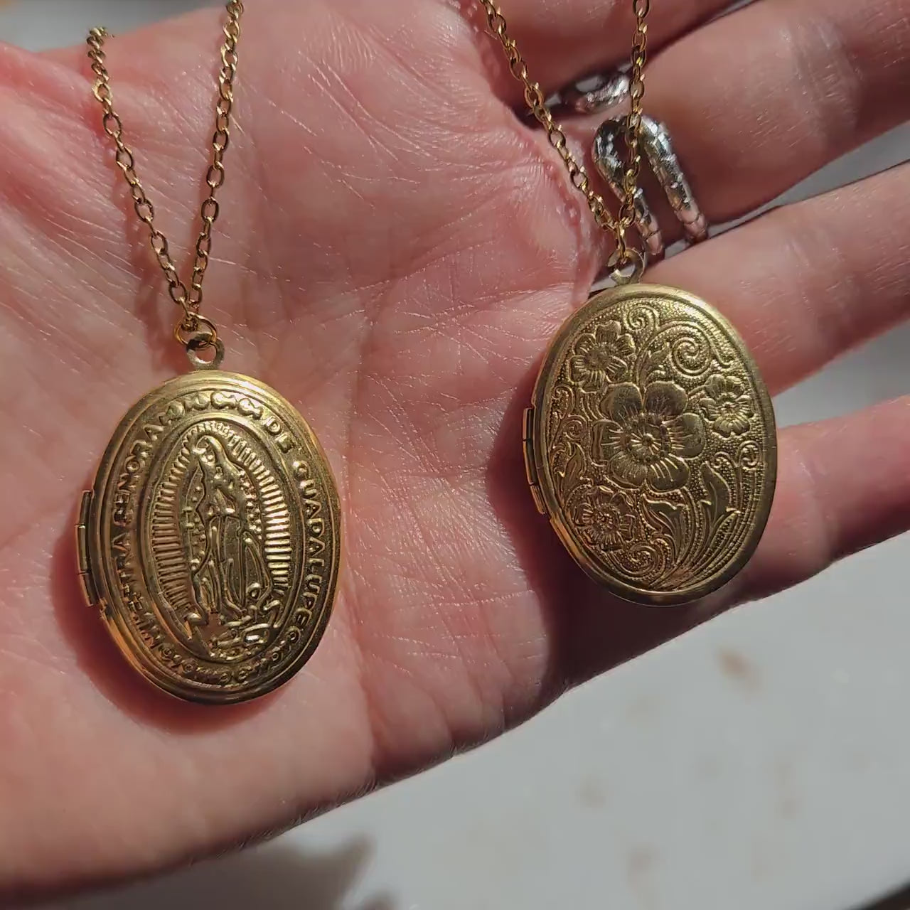 Oval Gold Plated Antique Locket Necklace/ Our Lady of Guadalupe / Botanical