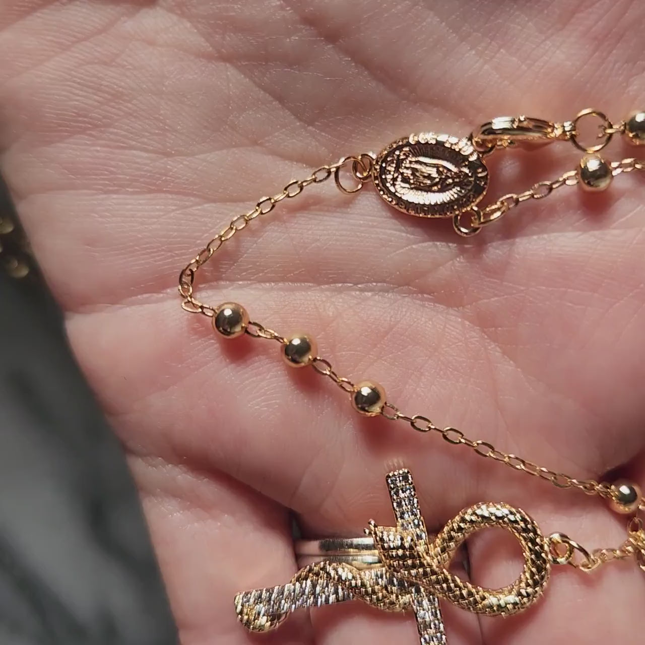 Snake Ankh Gold Rosary Style Necklace / Cross Necklace