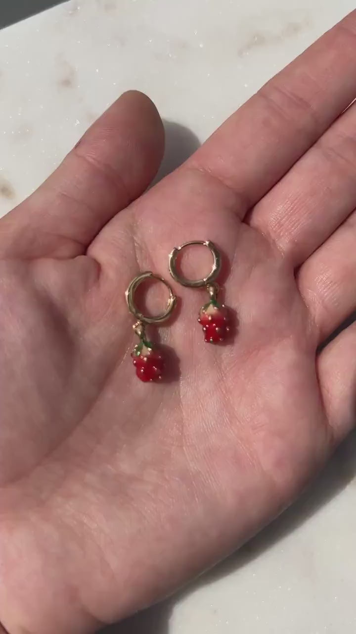 Dainty Strawberry Huggie Hoop Earrings